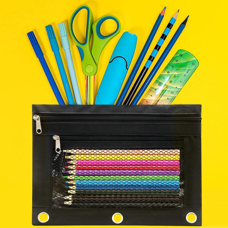 Cinvo Pencil Pouch 3 Ring Binder Pouch Zippered Pencil Case Canvas Pencil Bag with 2 Compartments (Set of 2, Black) - Image 4